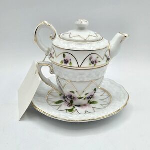 Tea For One Purple Floral pattern gold trim Miniature Teapot Cup Saucer Summco
